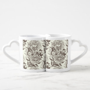 Peonies and butterflies block print, umber on off  coffee mug set