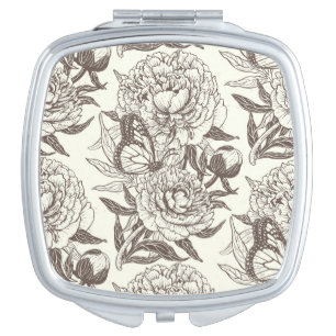 Peonies and butterflies block print, umber on off  compact mirror
