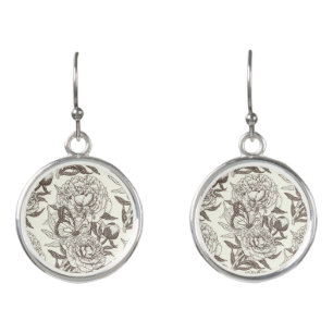 Peonies and butterflies block print, umber on off earrings