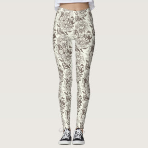 Peonies and butterflies block print, umber on off leggings