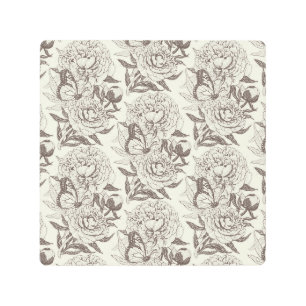 Peonies and butterflies block print, umber on off metal print