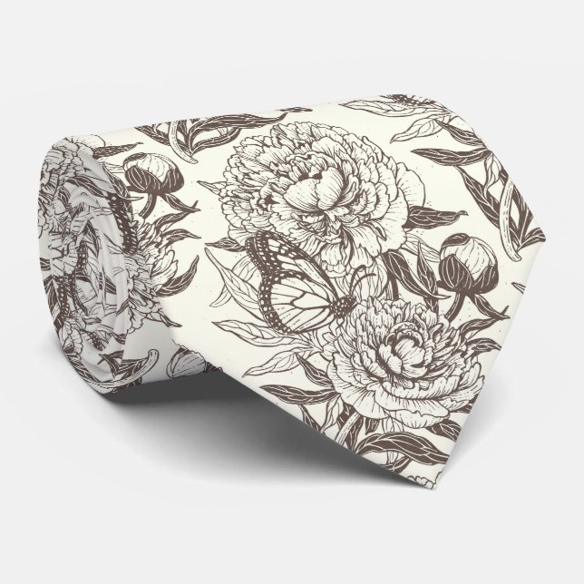 Peonies and butterflies block print, umber on off  neck tie (Rolled)