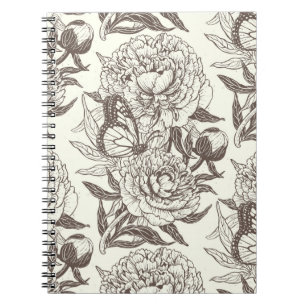 Peonies and butterflies block print, umber on off notebook