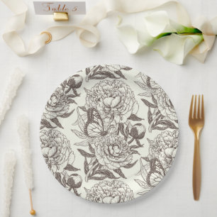 Peonies and butterflies block print, umber on off paper plates