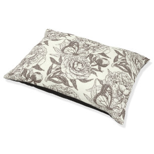 Peonies and butterflies block print, umber on off pet bed