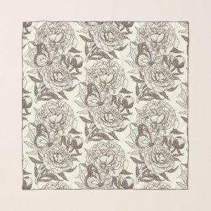 Peonies and butterflies block print, umber on off scarf