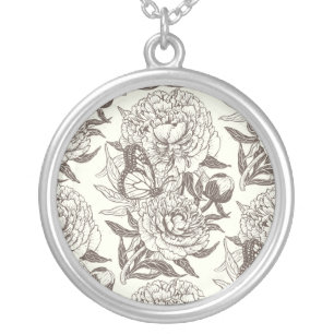 Peonies and butterflies block print, umber on off  silver plated necklace
