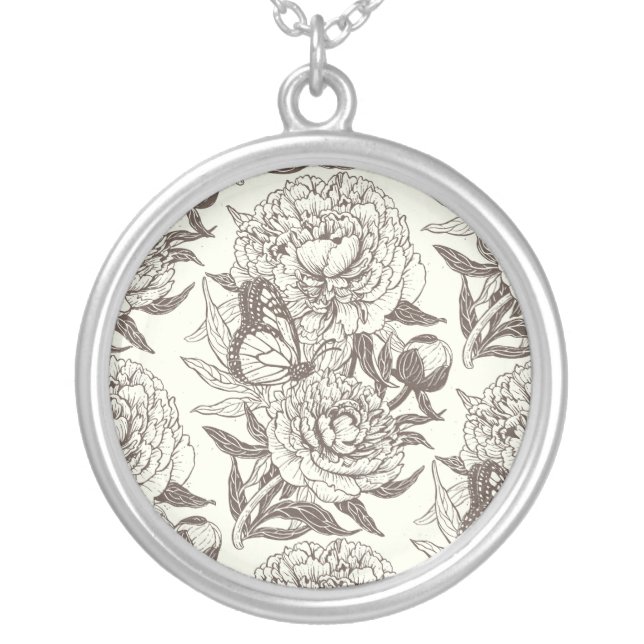 Peonies and butterflies block print, umber on off  silver plated necklace (Front)