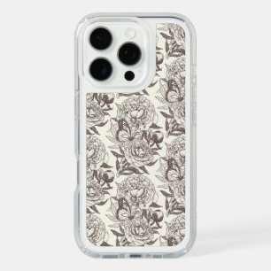 Peonies and butterflies block print, umber on off iPhone 16 pro case