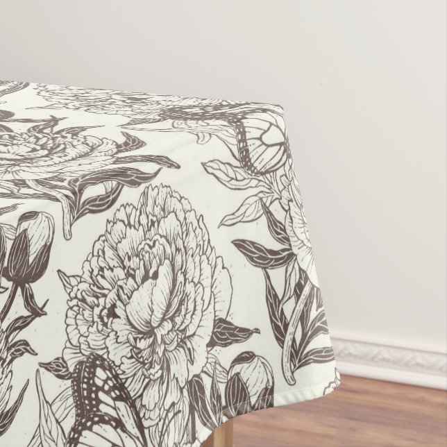 Peonies and butterflies block print, umber on off  tablecloth (In Situ)