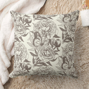Peonies and butterflies block print, umber on off  throw pillow