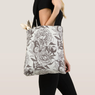 Peonies and butterflies block print, umber on off  tote bag