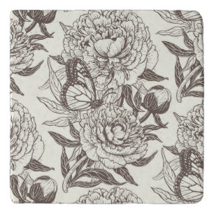Peonies and butterflies block print, umber on off trivet