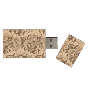 Peonies and butterflies block print, umber on off wood flash drive