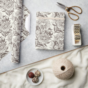 Peonies and butterflies block print, umber on off wrapping paper