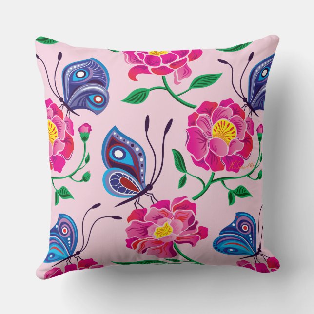 Peonies and Butterflies Pattern Throw Pillow (Back)