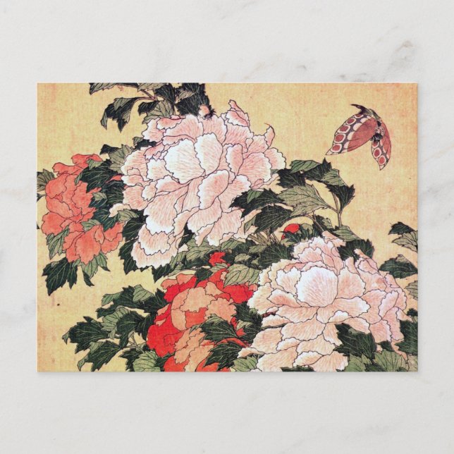 Peonies and Butterfly Hokusai Postcard (Front)