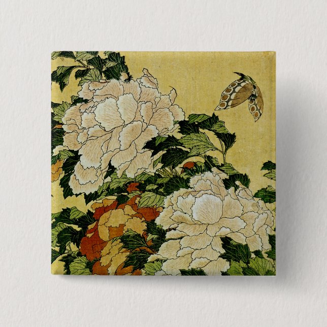 Peonies and Butterfly Pinback Button (Front)
