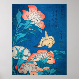 Peonies and Canary by Hokusai Poster