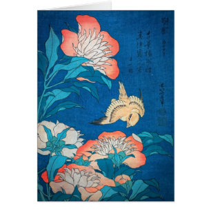 Peonies and Canary Japanese Art by Hokusai Cards