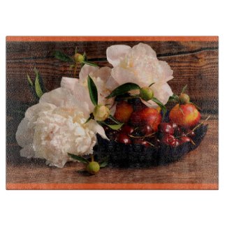 Peonies and Fruit Bowl Large Glass Cutting Board