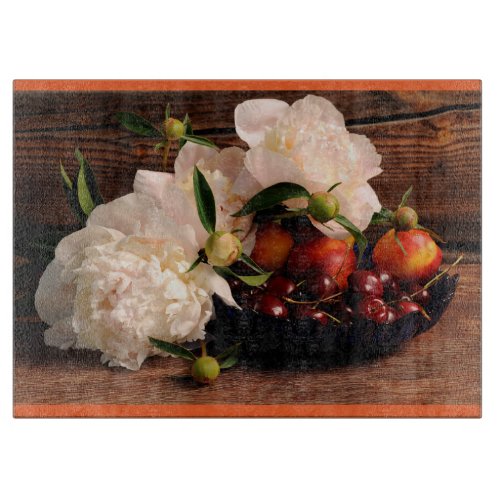 Peonies and Fruit Bowl Large Glass Cutting Board