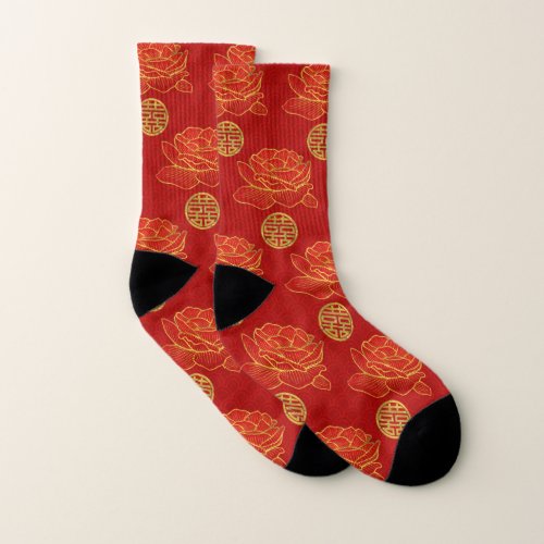 Peonies and Gold Double Happiness Symbol Pattern Socks