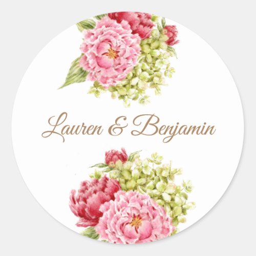 Peonies and Hydrangea Wedding Round Stickers