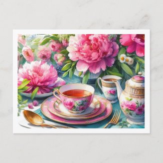 Peonies and Pink Teacup  Tea Party Floral 