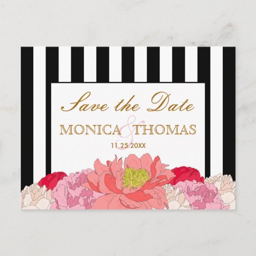 Peonies and Stripes Save The Date Postcard