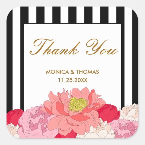 Peonies and Stripes Square Sticker