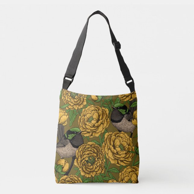 Peonies and wrens crossbody bag (Front)