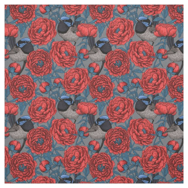 Peonies and wrens fabric (Swatch)