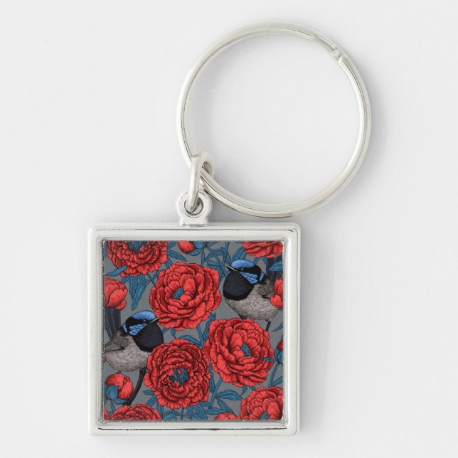 Peonies and wrens keychain (Front)