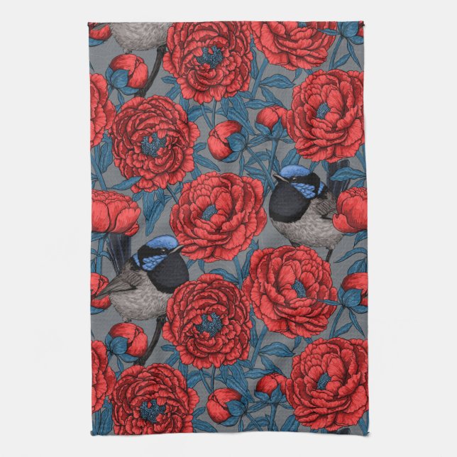 Peonies and wrens kitchen towel (Vertical)