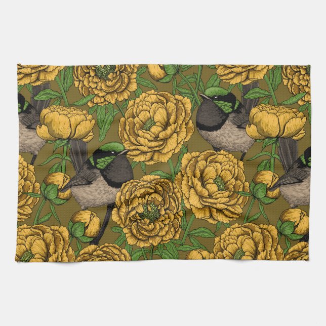 Peonies and wrens kitchen towel (Horizontal)