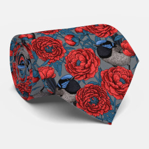 Peonies and wrens neck tie
