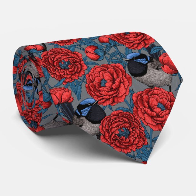 Peonies and wrens neck tie (Rolled)