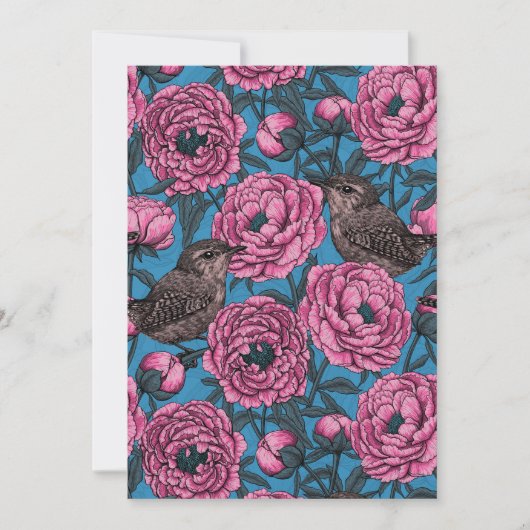 Peonies and wrens on blue (Front)