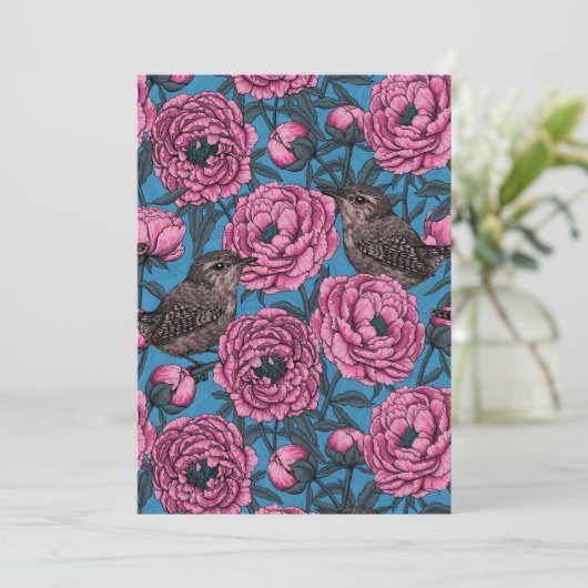 Peonies and wrens on blue (Standing Front)