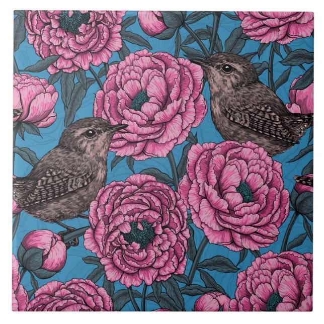 Peonies and wrens on blue ceramic tile (Front)