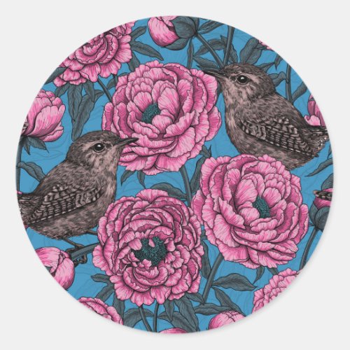 Peonies and wrens on blue classic round sticker