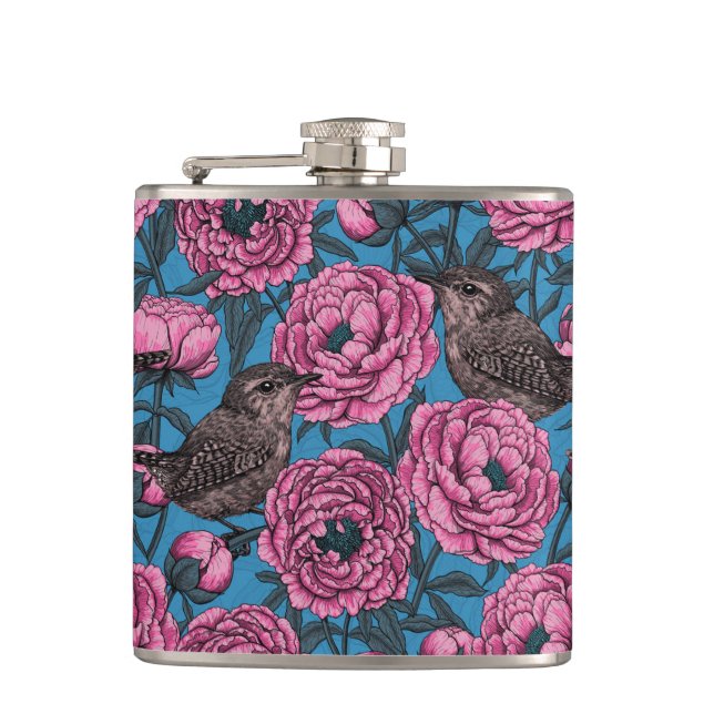 Peonies and wrens on blue flask (Front)