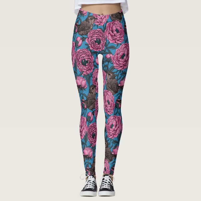Peonies and wrens on blue leggings (Front)
