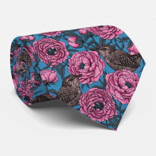 Peonies and wrens on blue neck tie