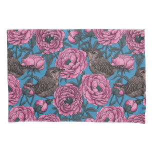 Peonies and wrens on blue pillow case
