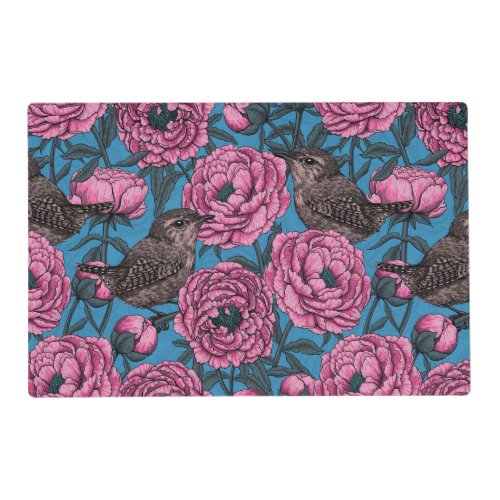 Peonies and wrens on blue placemat