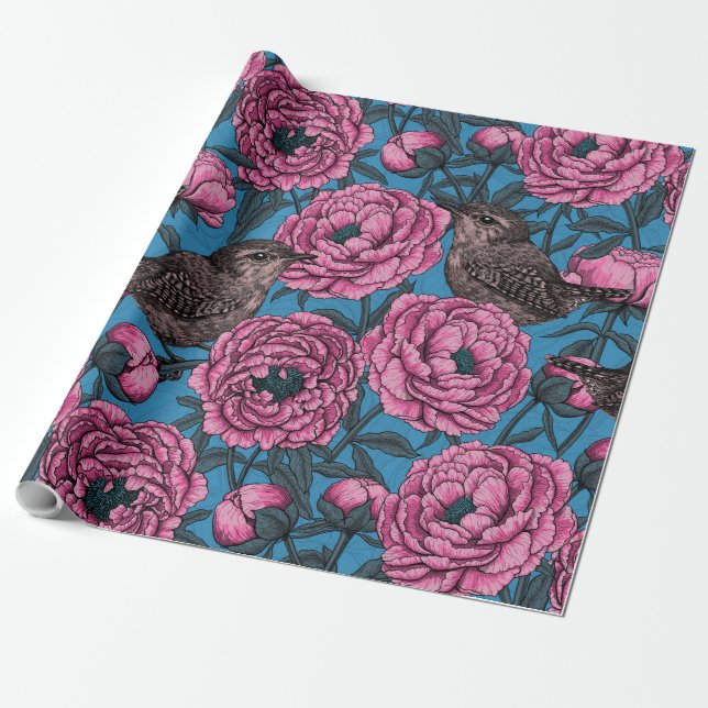 Peonies and wrens on blue wrapping paper (Unrolled)
