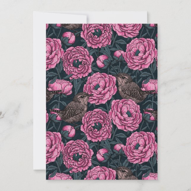 Peonies and wrens on dark gray (Front)