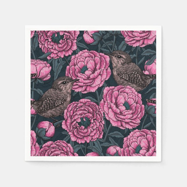 Peonies and wrens on dark gray napkins (Front)
